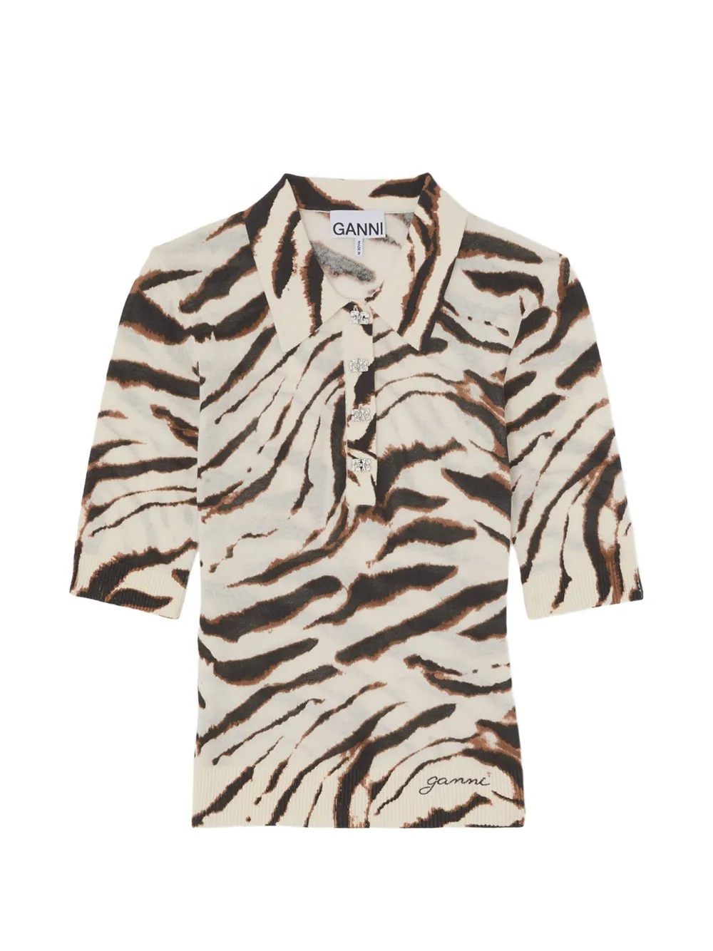 GANNI zebra-print logo-button polo shirt - Toni neutri