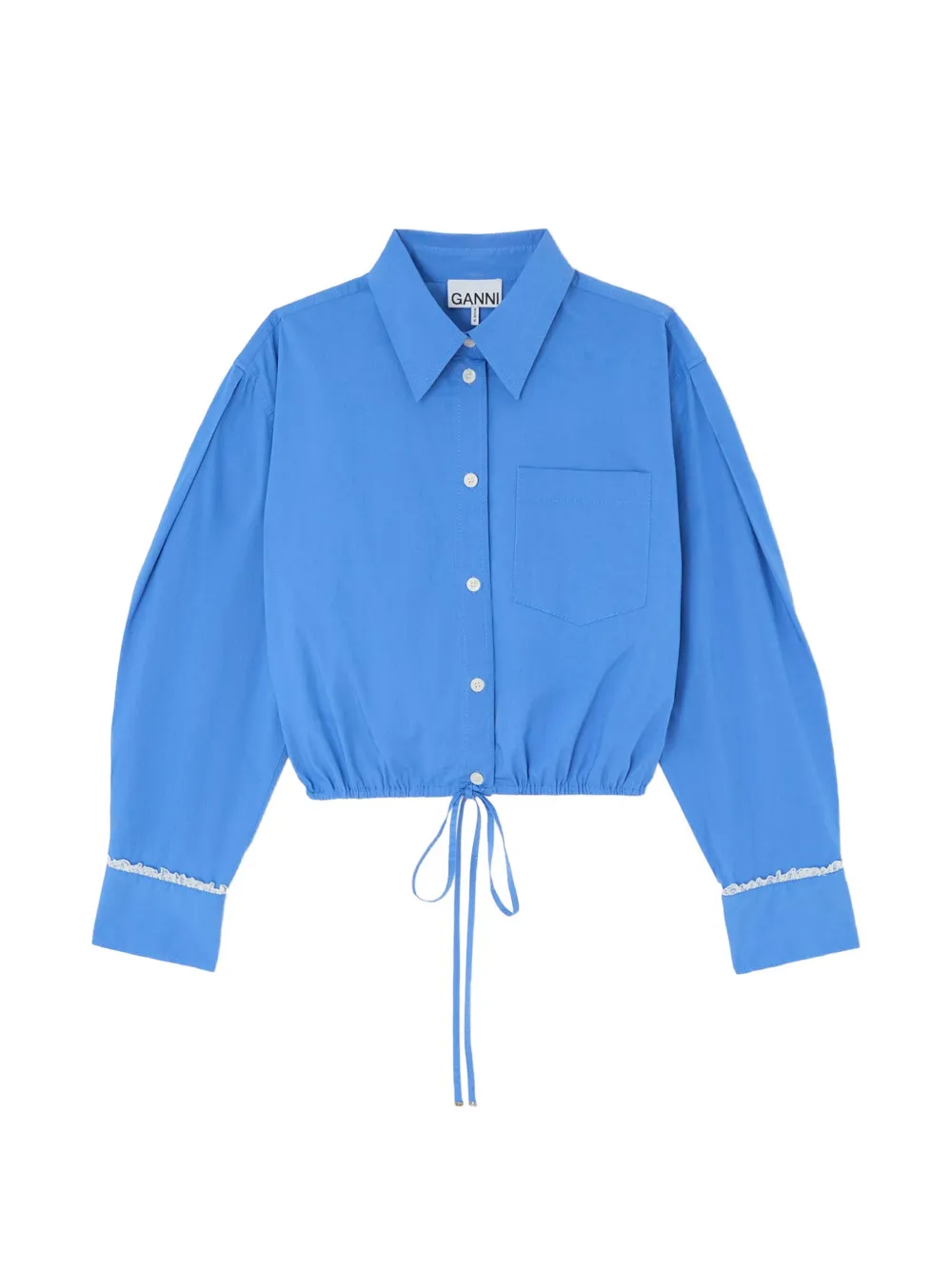 GANNI lace-trim drawstring-hem shirt - Blu