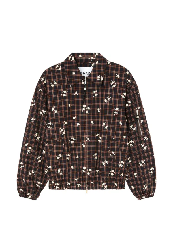 Ganni Bomber Jacket in Printed Check in Brown