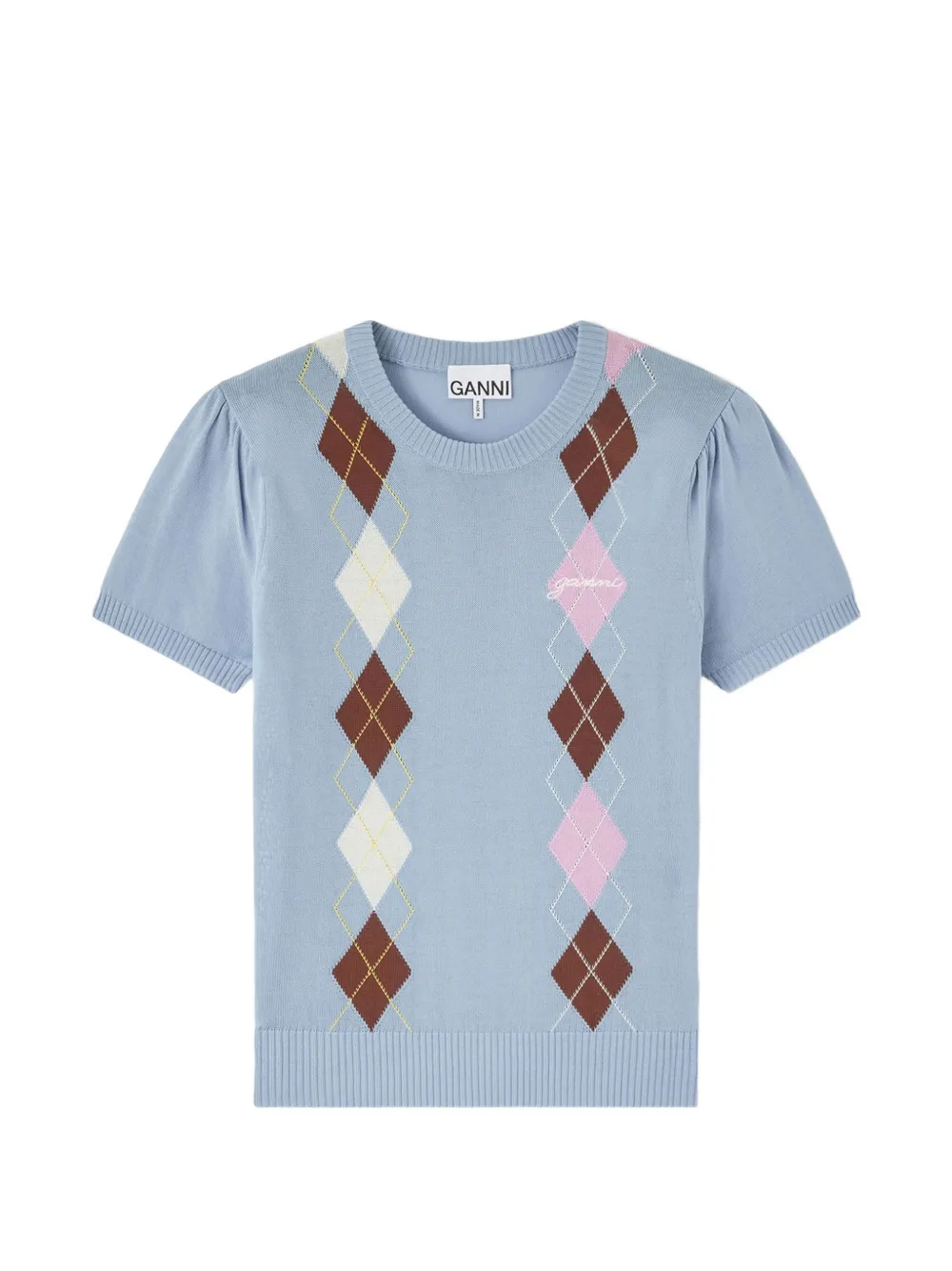 GANNI Puffärmel-T-Shirt mit Argylemuster - Blau