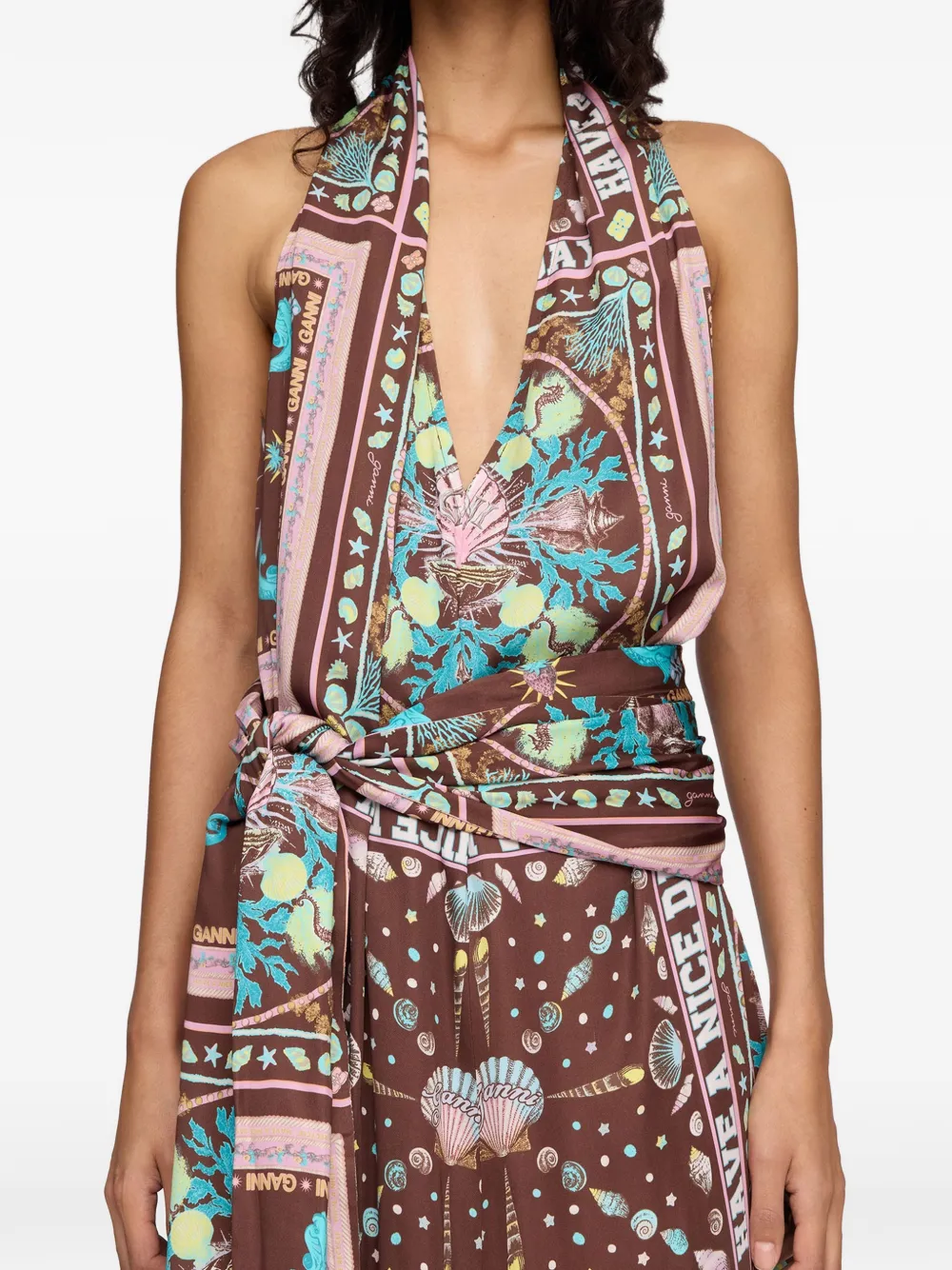 GANNI Midi-jurk met print Bruin