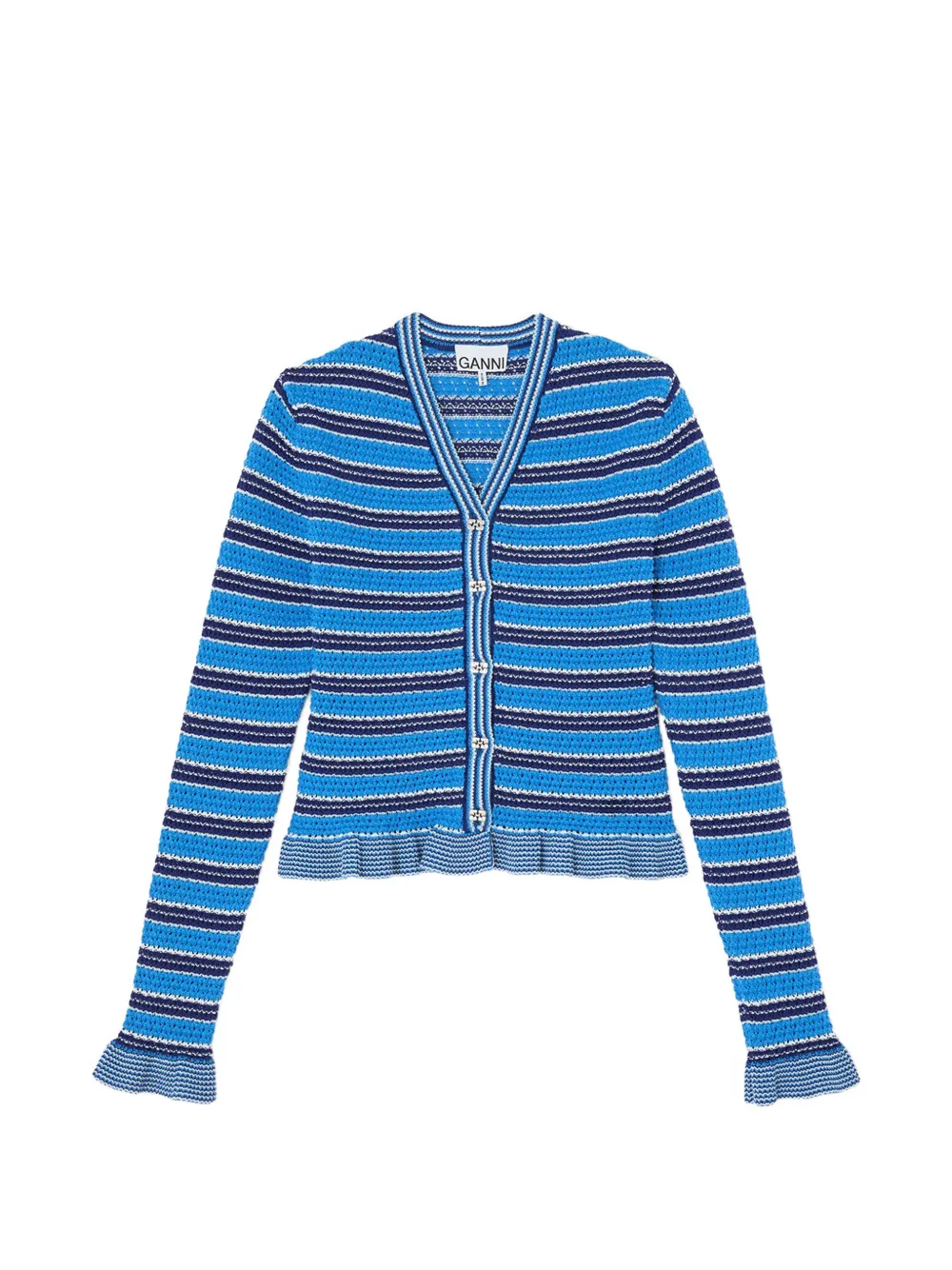 GANNI striped pointelle-knit cardigan - Blu