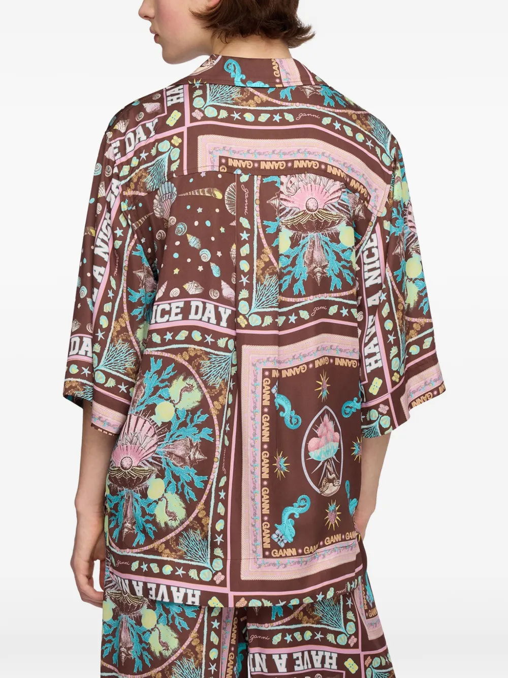 GANNI Twill blouse met print Bruin