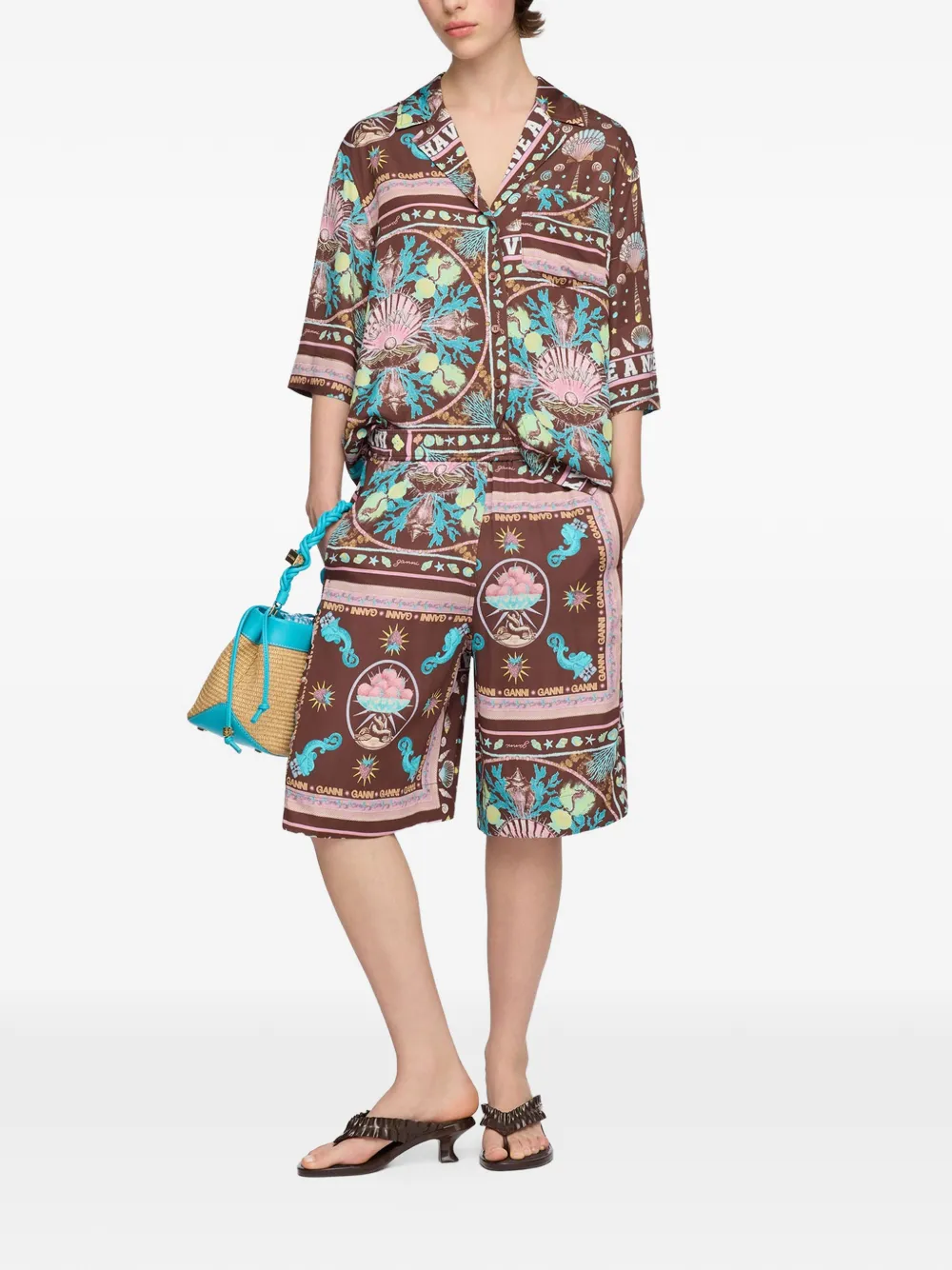 GANNI Twill blouse met print Bruin