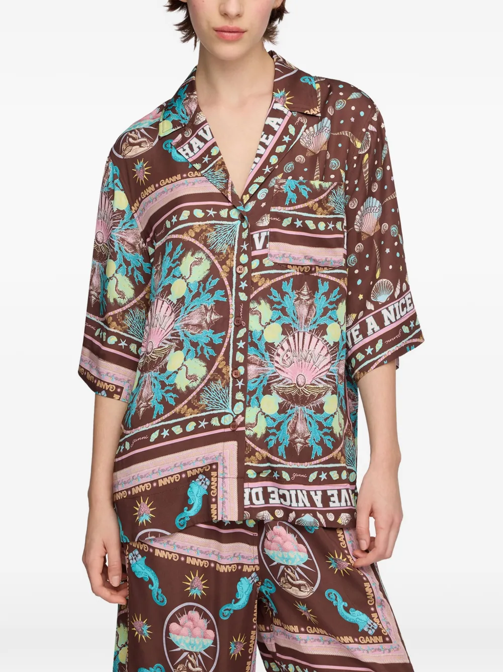 GANNI Twill blouse met print Bruin
