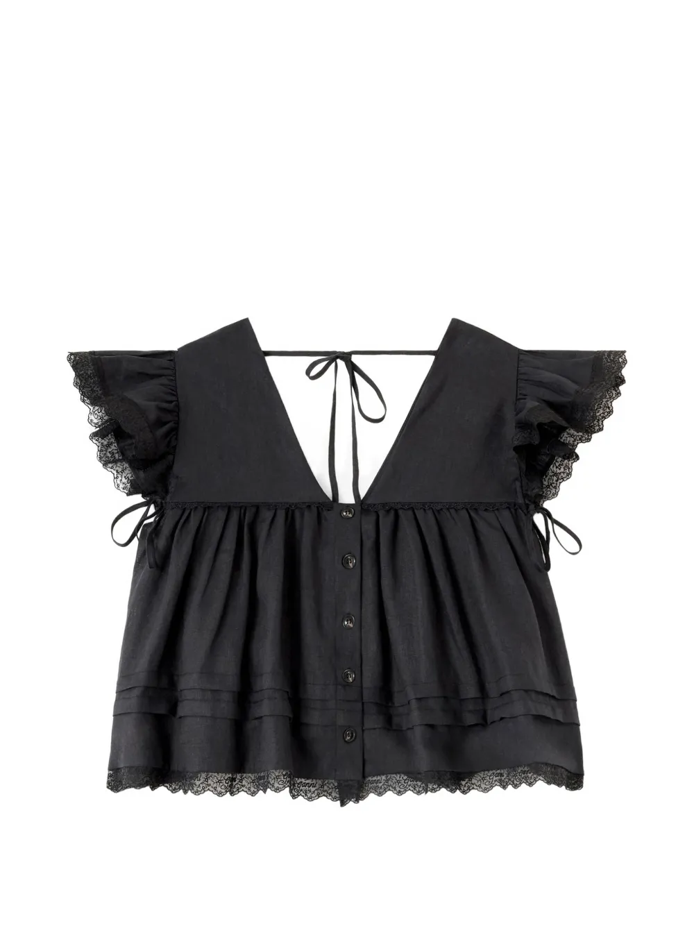 GANNI Blouse met ruches en kanten afwerking Zwart