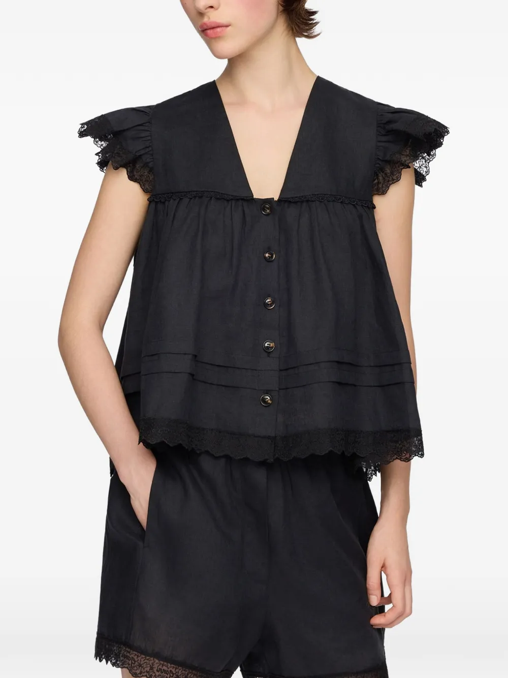 GANNI lace-trimmed ruffled blouse - Nero