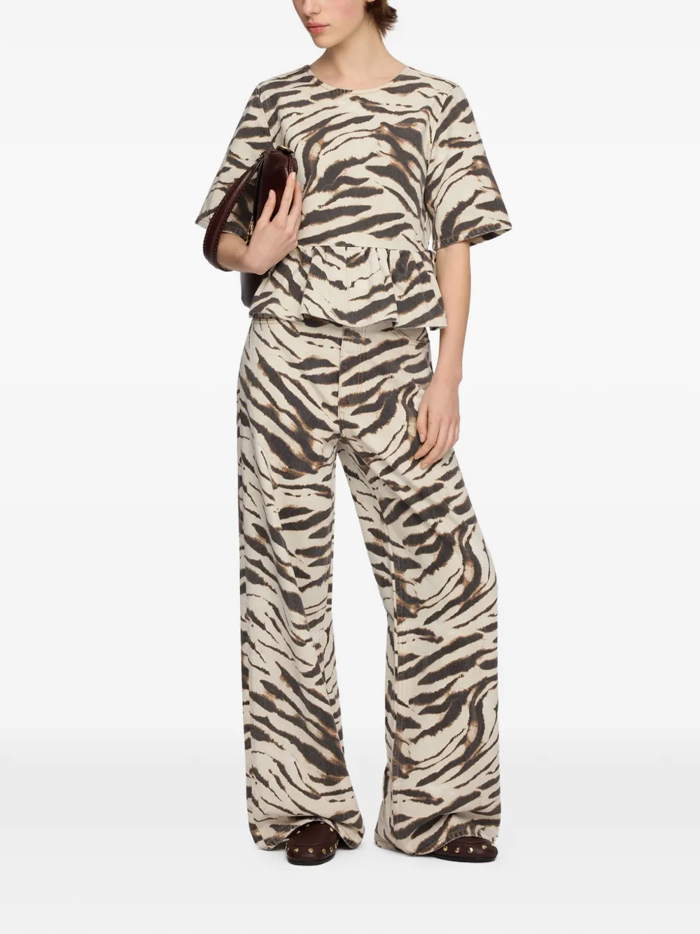 GANNI Blouse met zebraprint en peplum afwerking Beige