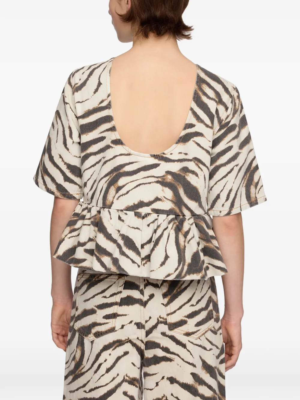 GANNI Blouse met zebraprint en peplum afwerking Beige