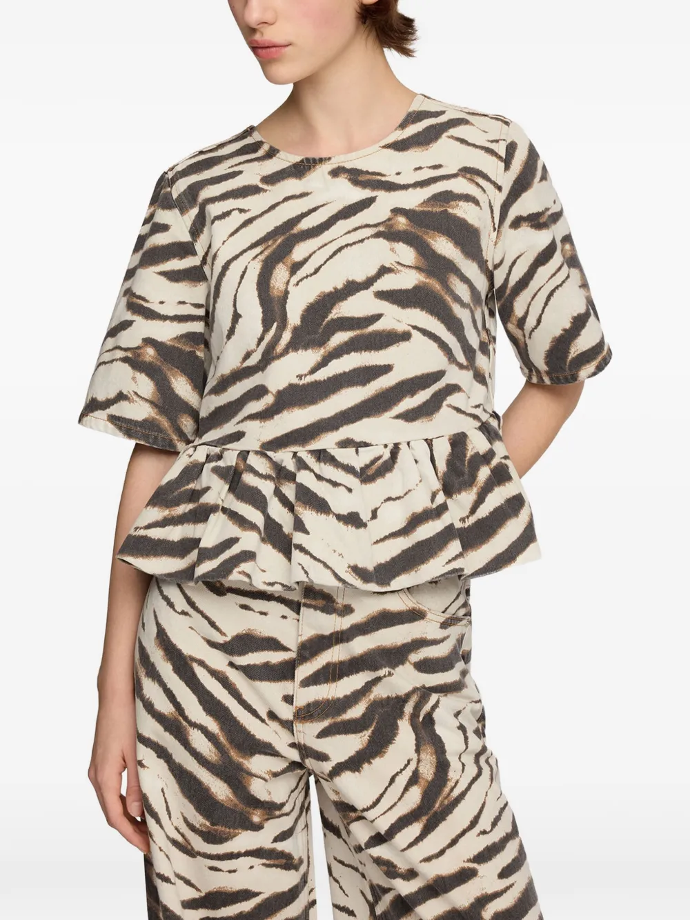 GANNI zebra-print peplum-hem blouse - Toni neutri