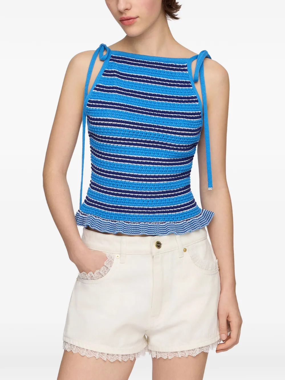 GANNI Gestreepte pointelle top Blauw