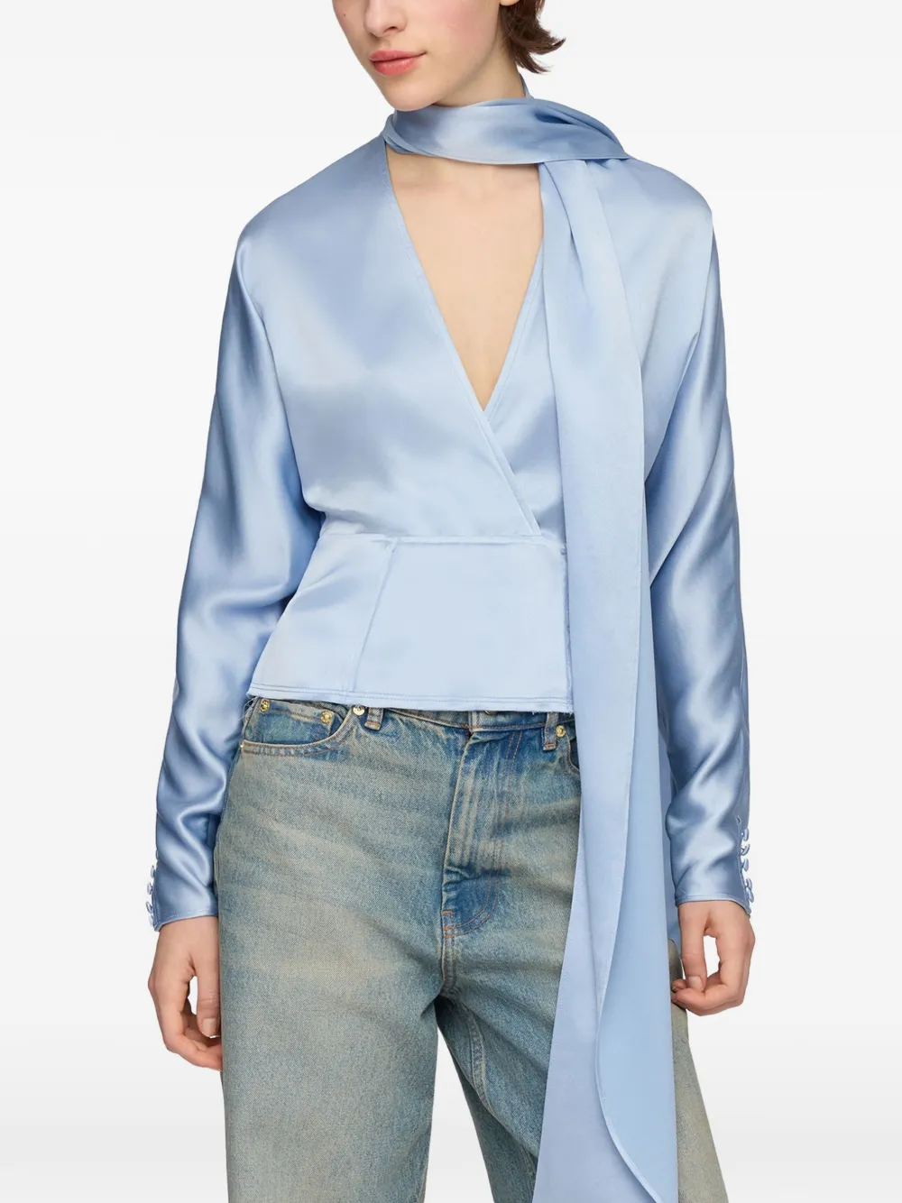 GANNI wrap-style scarf-detail blouse - Blu