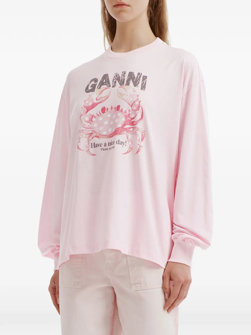 GANNI T-shirt met krabprint en lange mouwen Roze