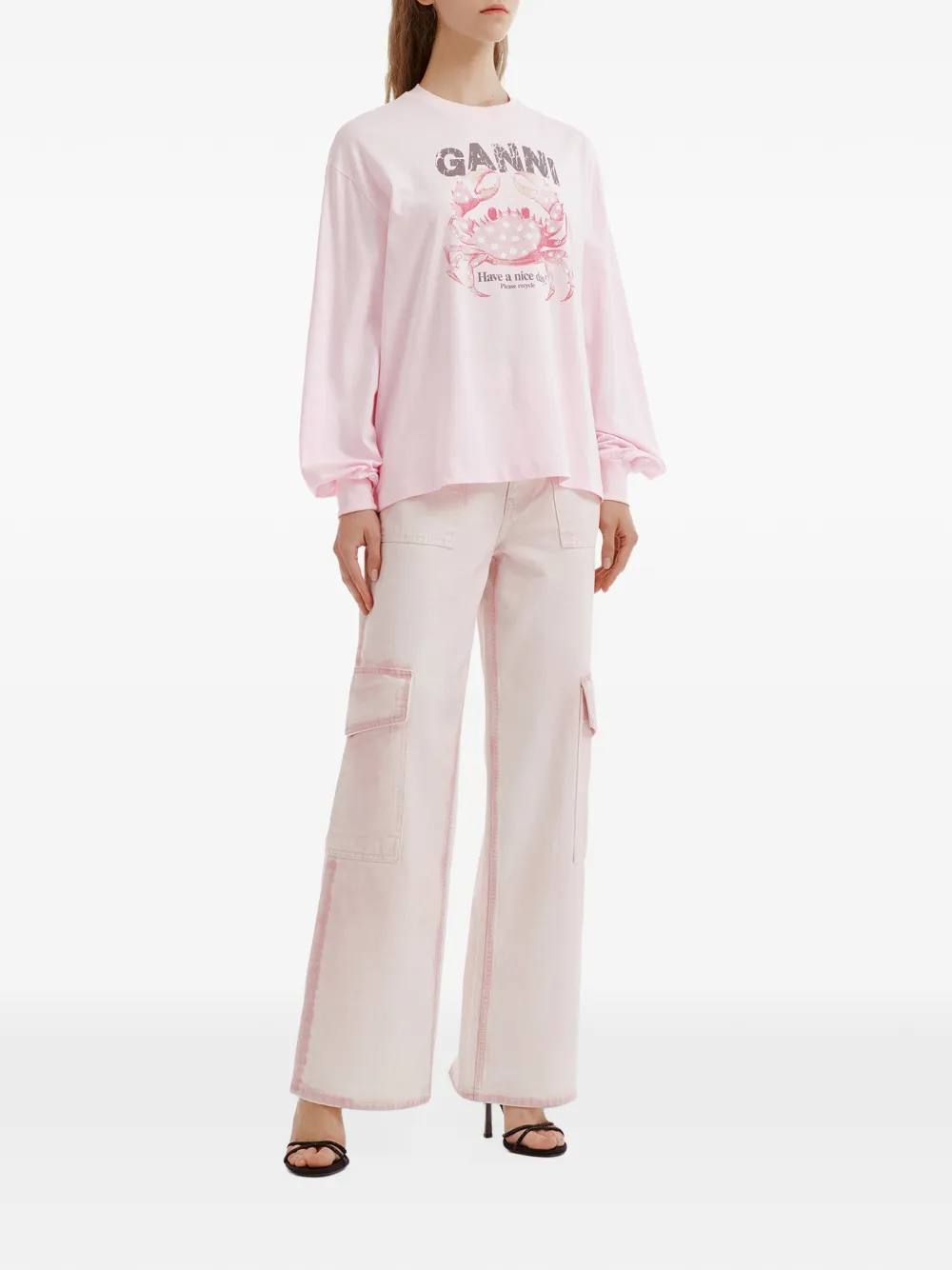 GANNI T-shirt met krabprint en lange mouwen Roze