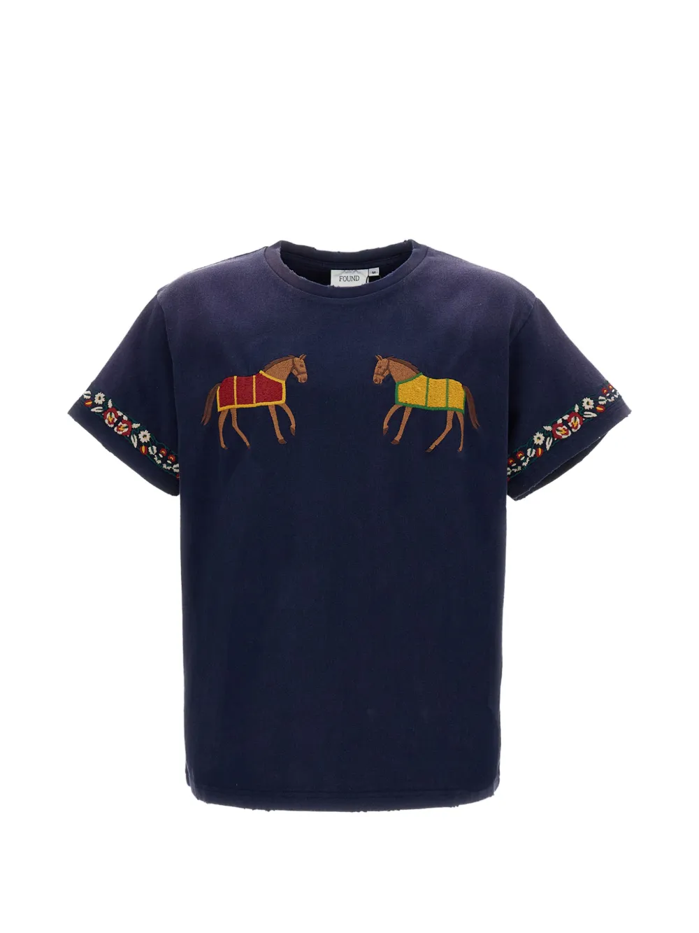 FOUND horse-embroidered floral-detail t-shirt - Blau