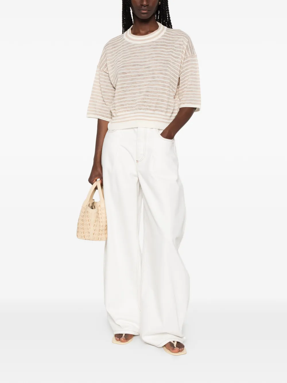 Roberto Collina T-shirt met horizontale streep Beige