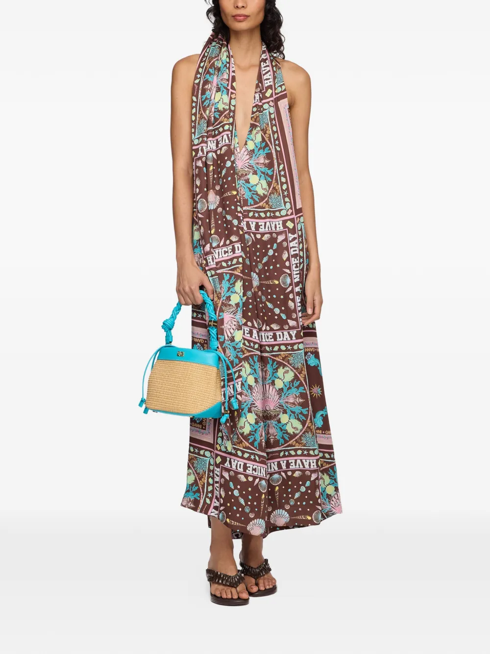 GANNI Bou raffia bucket-tas Beige