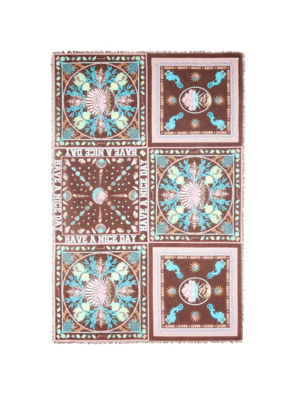 Ganni Pareu Scarf in Printed Cotton in Brown