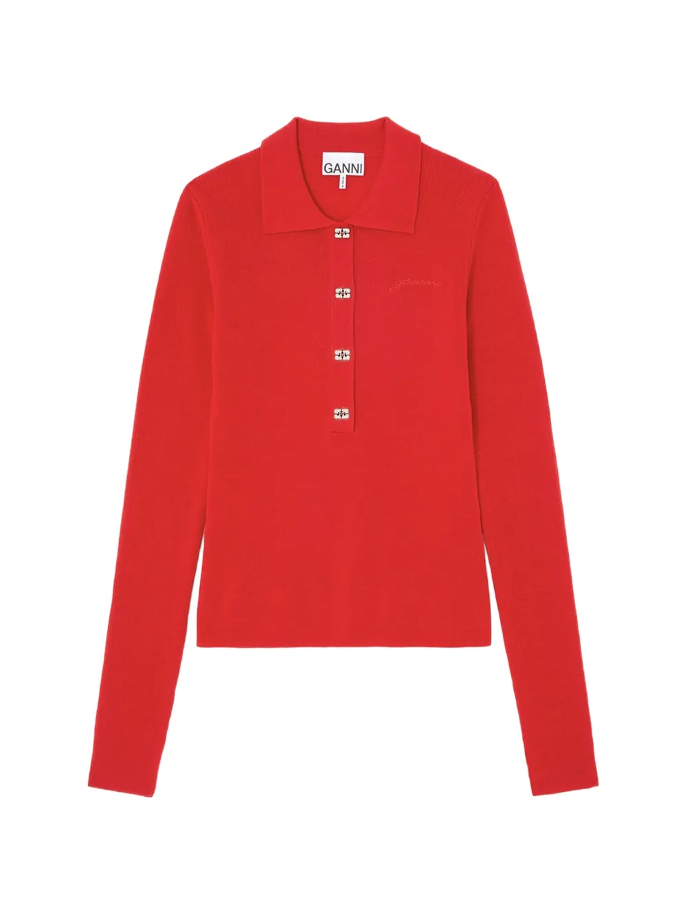 GANNI logo-button long-sleeve polo shirt - Rosso