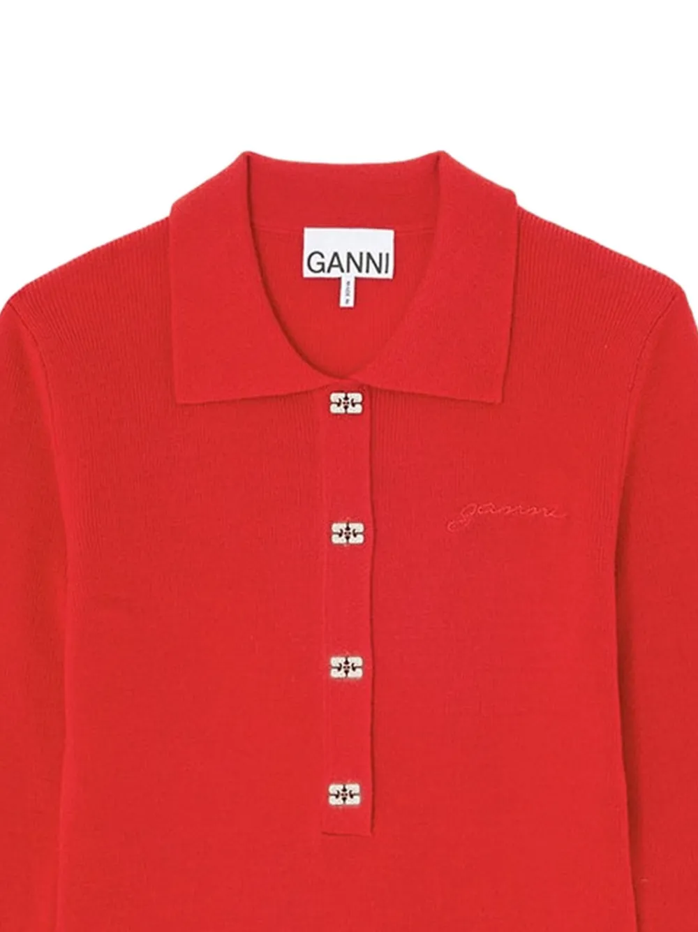 GANNI Poloshirt met lange mouwen en logoknoop Rood
