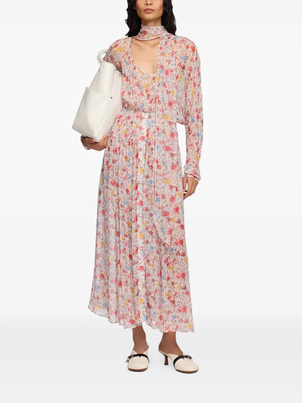 GANNI Zijden maxi-jurk met bloemenprint Beige