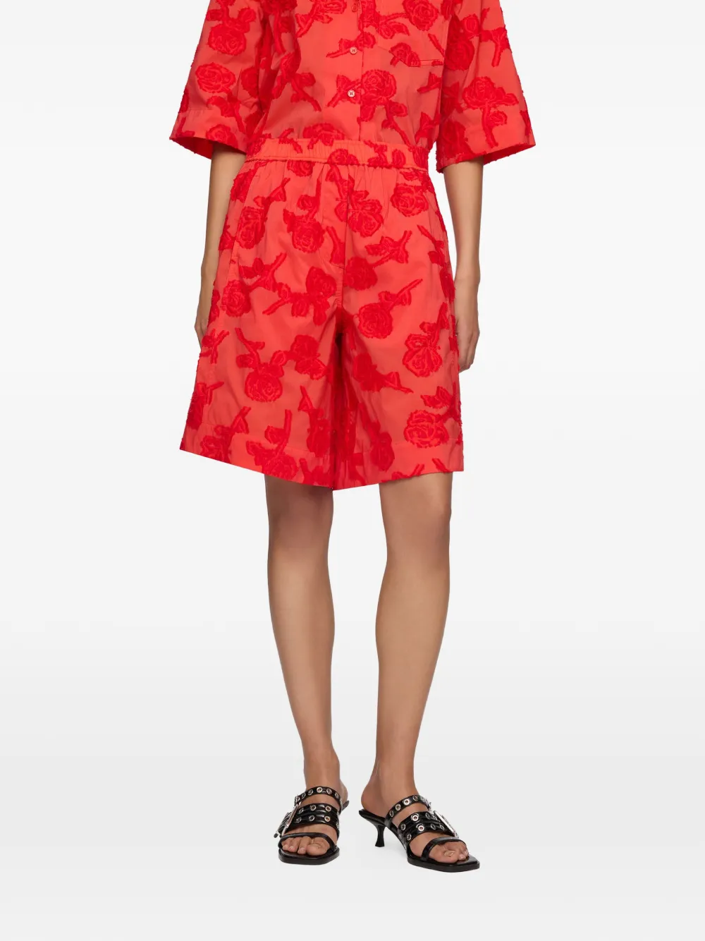 GANNI fil-coupé floral-pattern shorts - Red