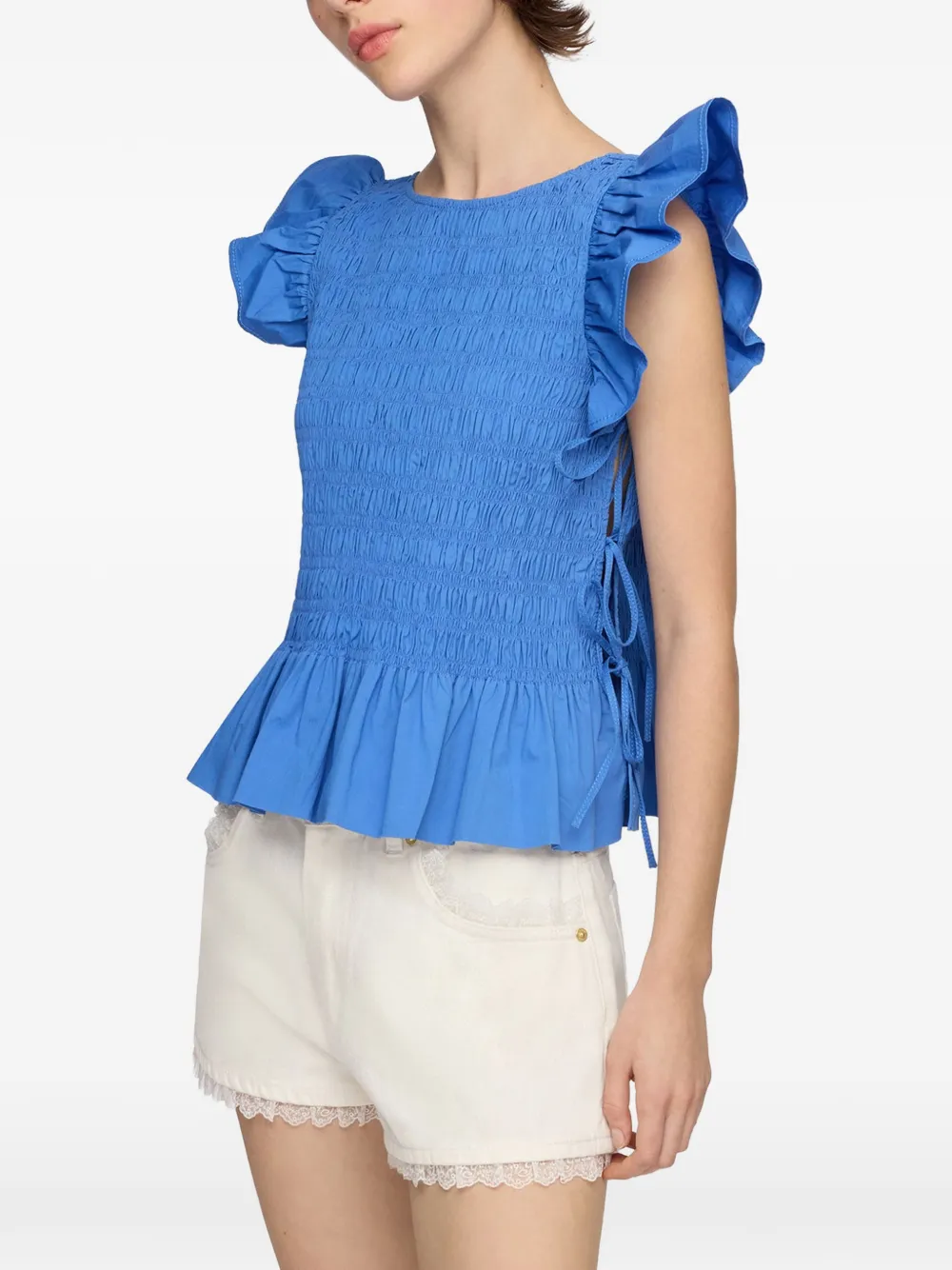 GANNI ruffled-sleeve smocked blouse - Blu