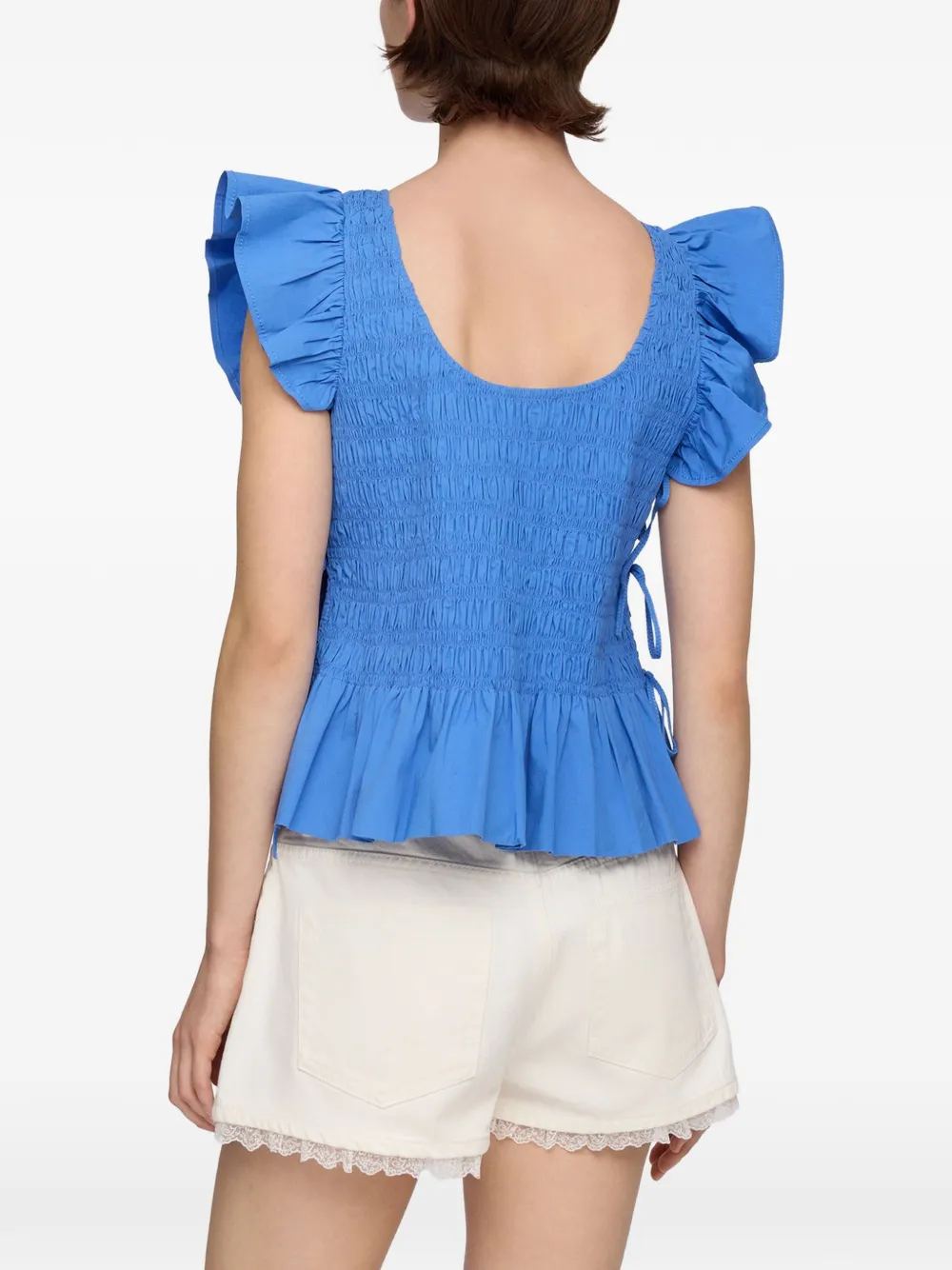 GANNI Gesmockte blouse met ruchemouwen Blauw