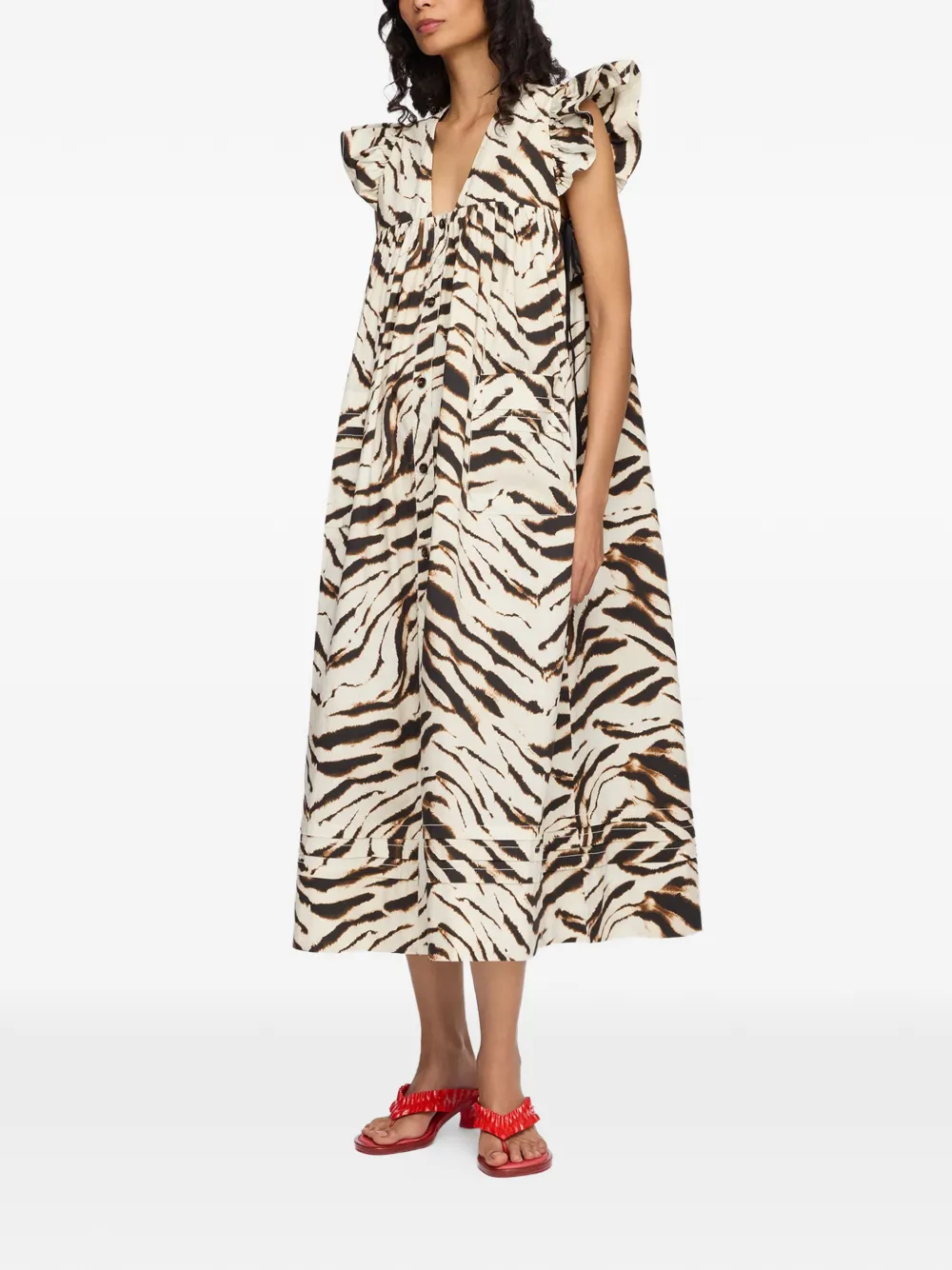 GANNI Jurk met tijgerprint en ruches Beige