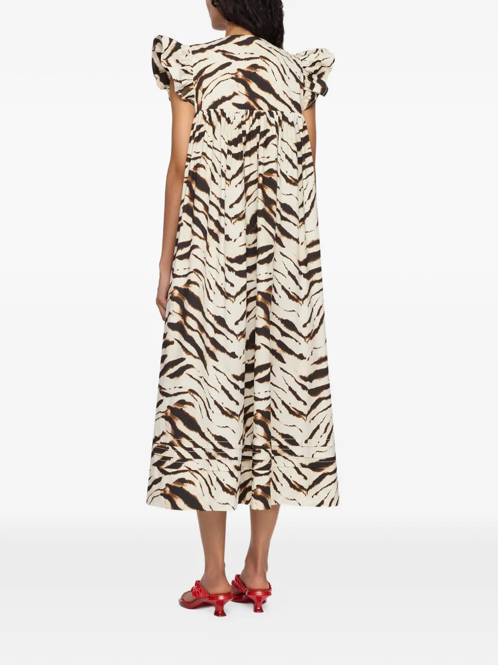 GANNI Jurk met tijgerprint en ruches Beige