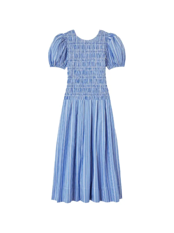 GANNI Striped smocked-waist Dress | Blue