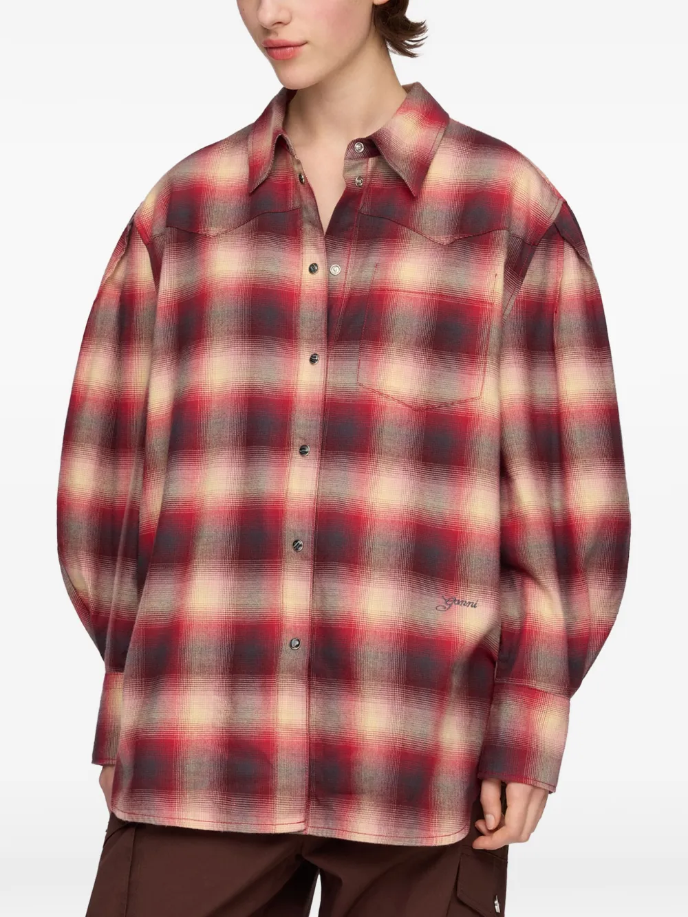 GANNI Geruite blouse met pofmouwen Rood