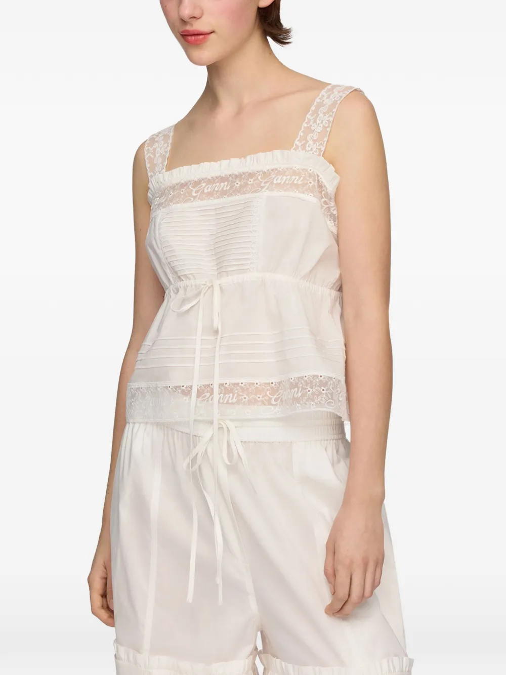 GANNI lace-trim drawstring top - Bianco
