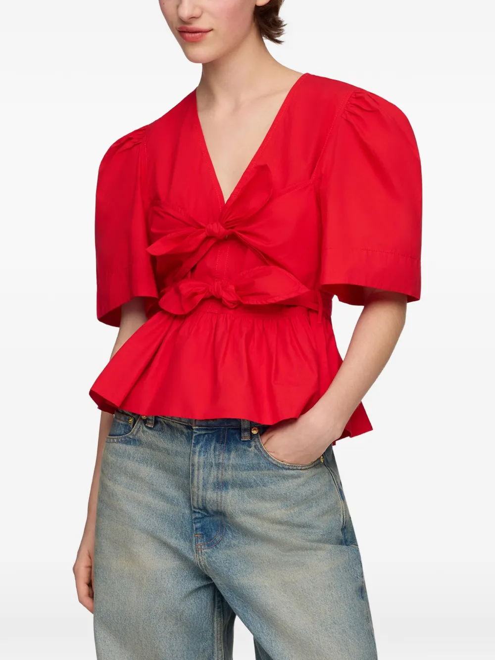 GANNI Blouse met strikdetail en peplum afwerking Rood
