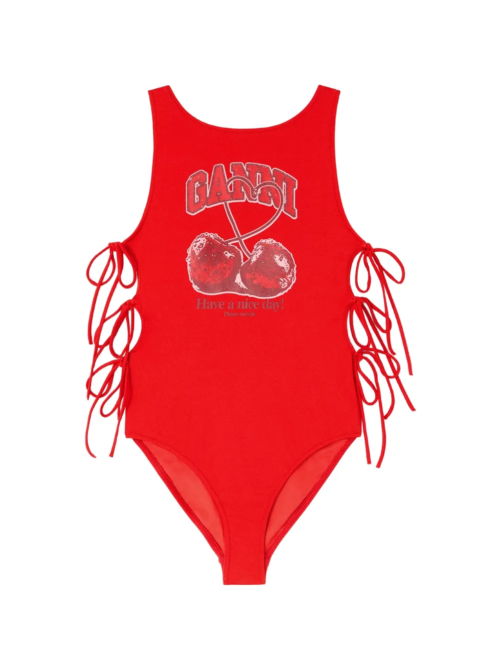 GANNI cherry-print lace-up swimsuit - Rosso