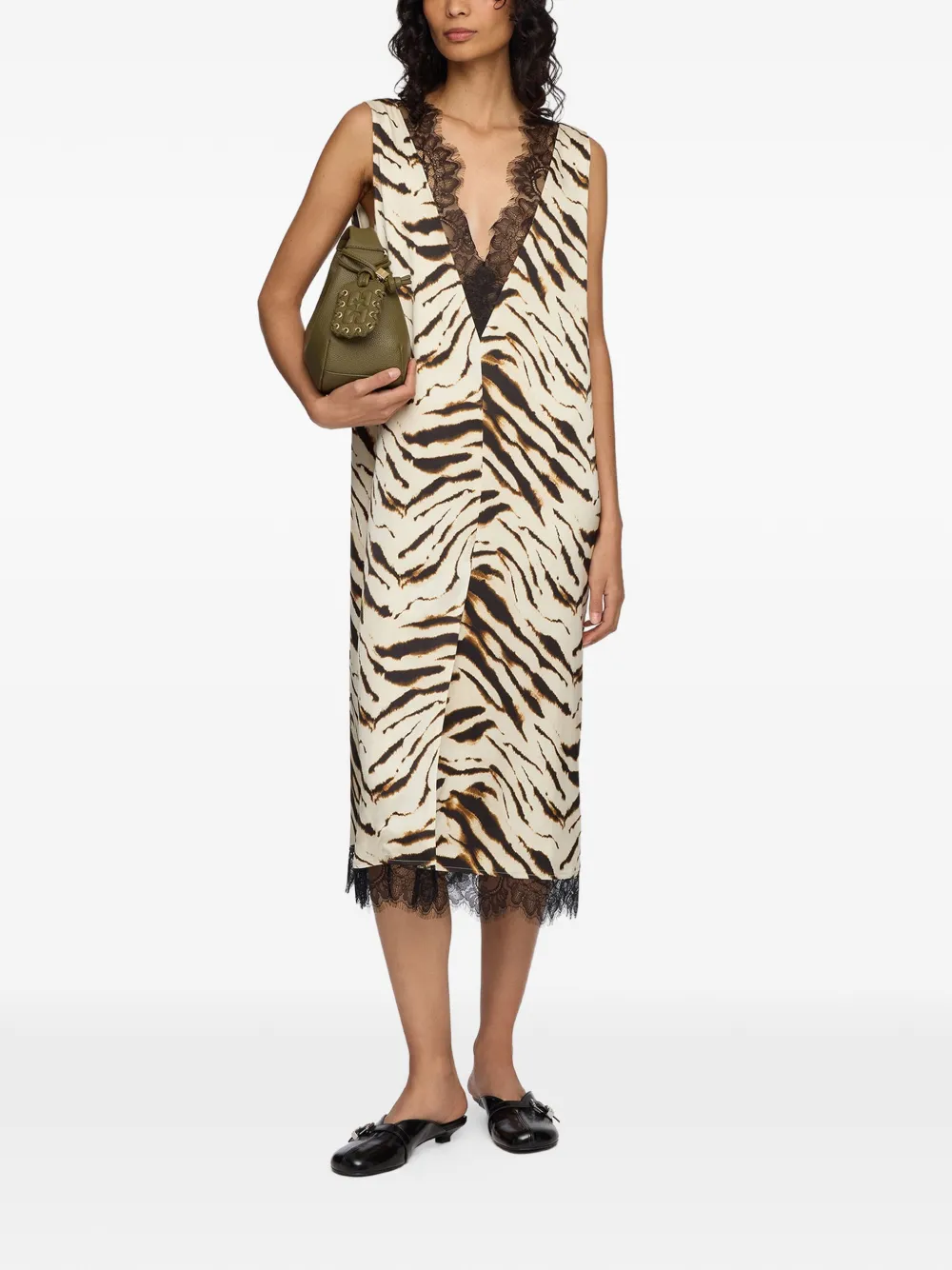 GANNI Midi-jurk met kanten afwerking en tijgerprint Beige