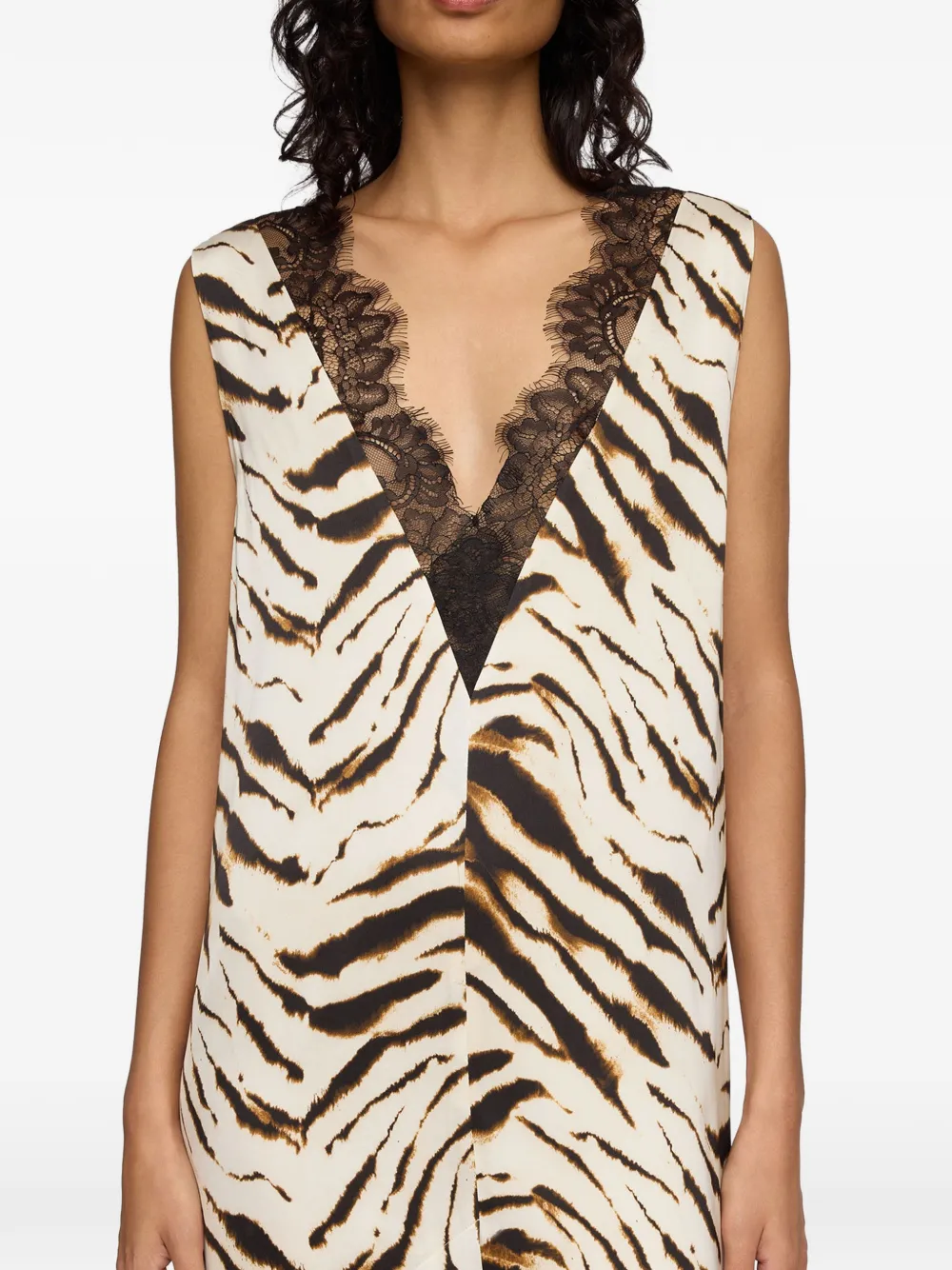 GANNI Midi-jurk met kanten afwerking en tijgerprint Beige