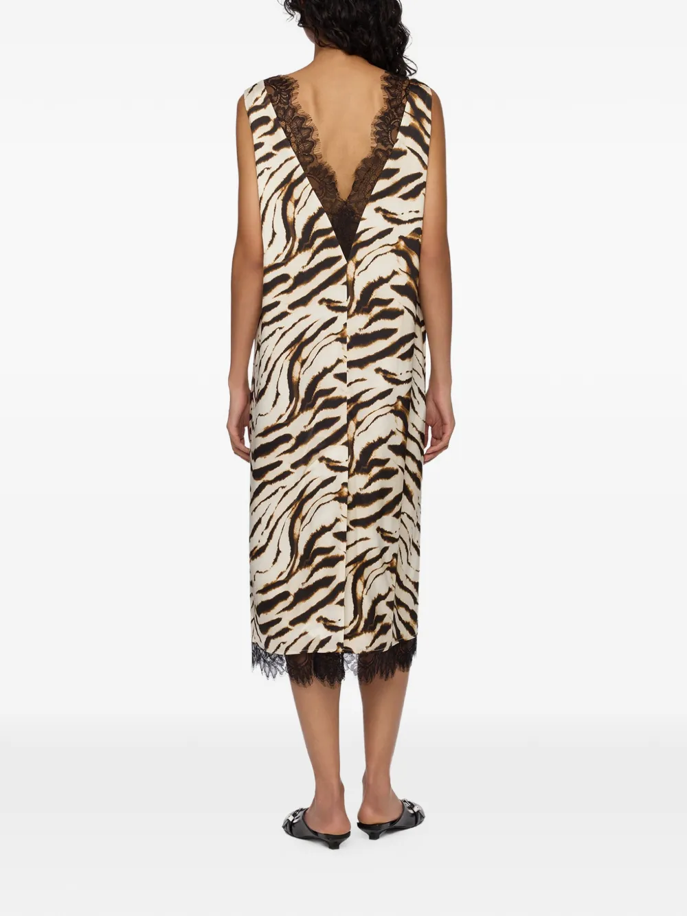 GANNI Midi-jurk met kanten afwerking en tijgerprint Beige