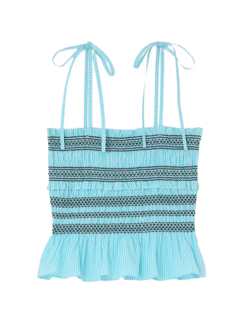GANNI shirred gingham top - Blau