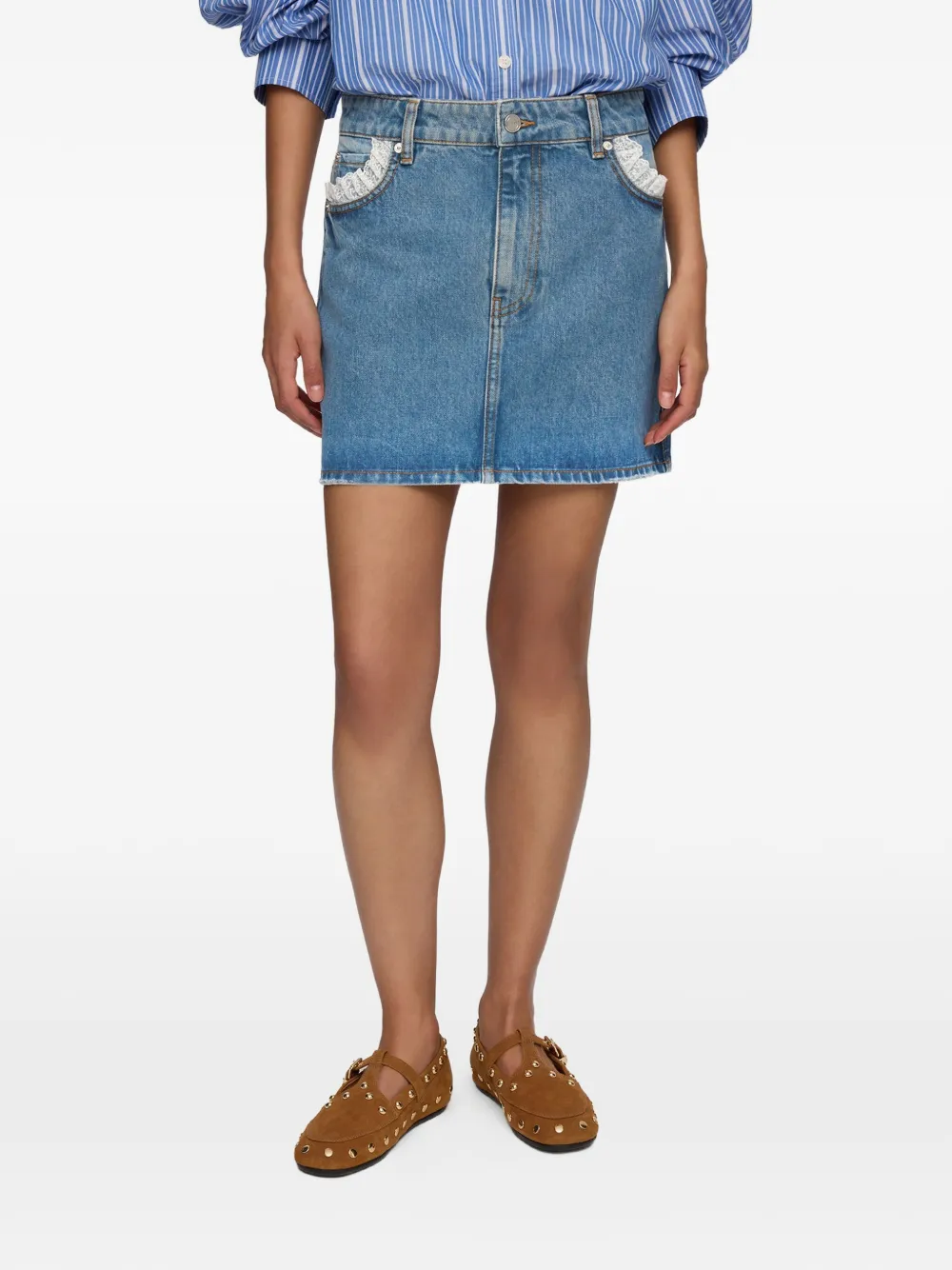GANNI Spijkerrok met kanten afwerking Blauw