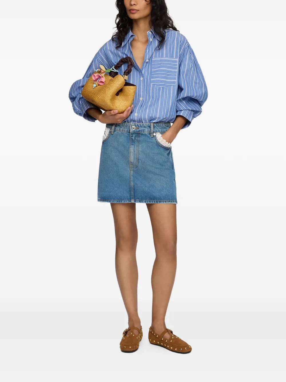GANNI Spijkerrok met kanten afwerking Blauw