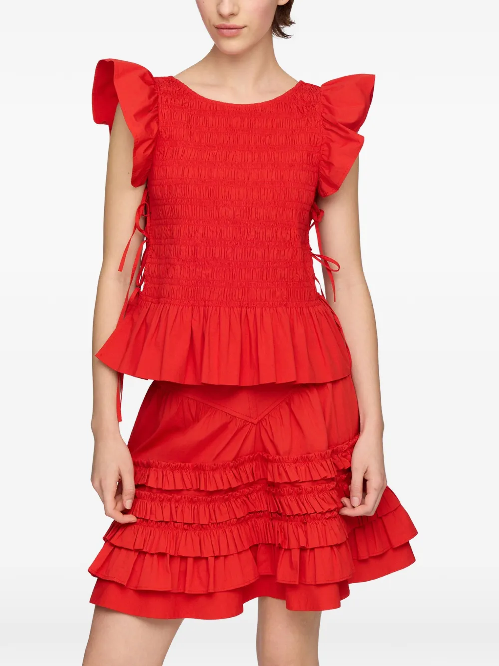 GANNI smocked ruffled top - Rosso