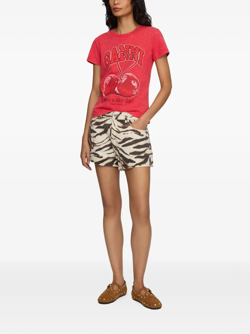 GANNI Denim shorts met zebraprint Beige