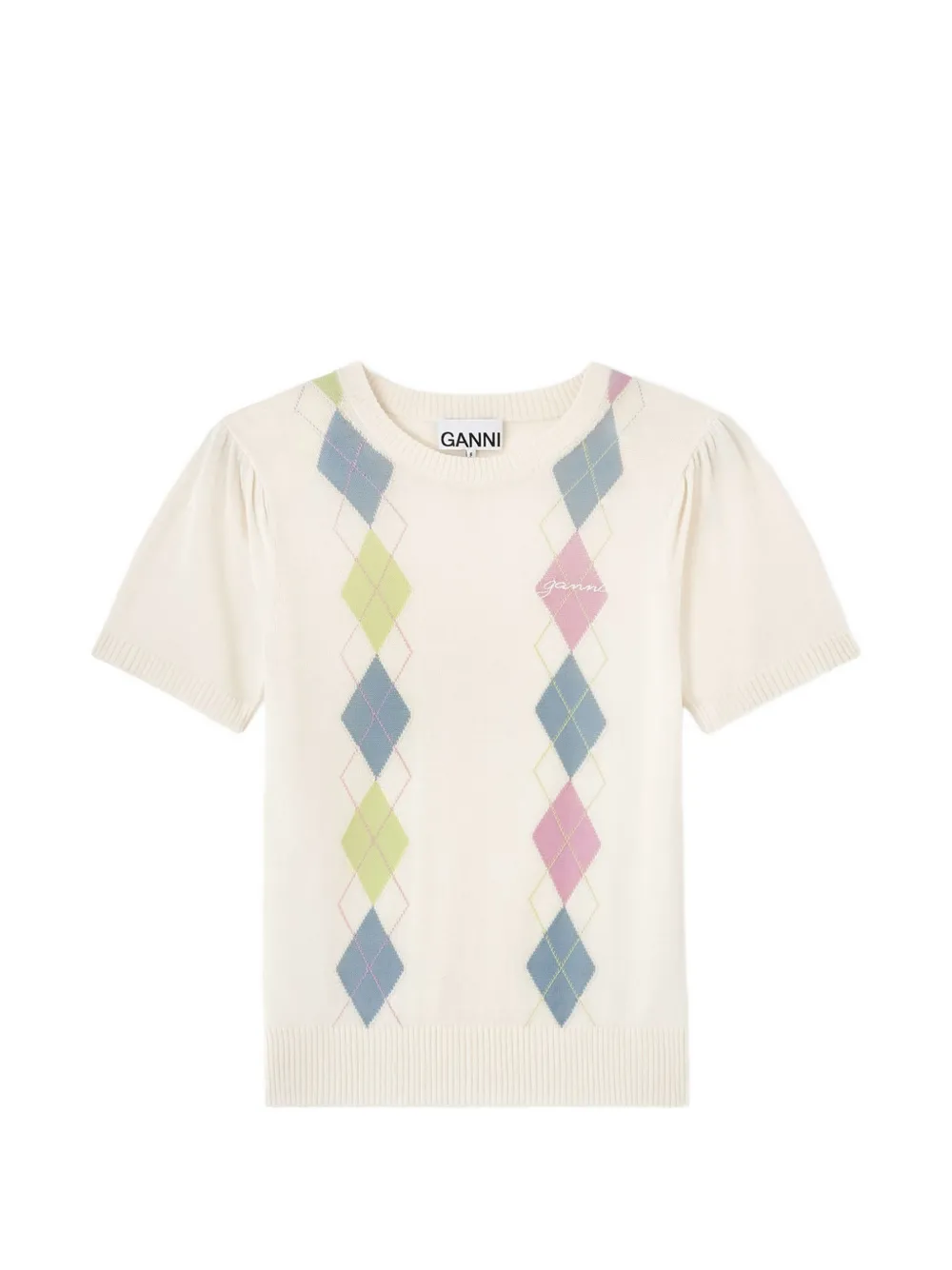 GANNI Puffärmel-T-Shirt mit Argylemuster - Weiß