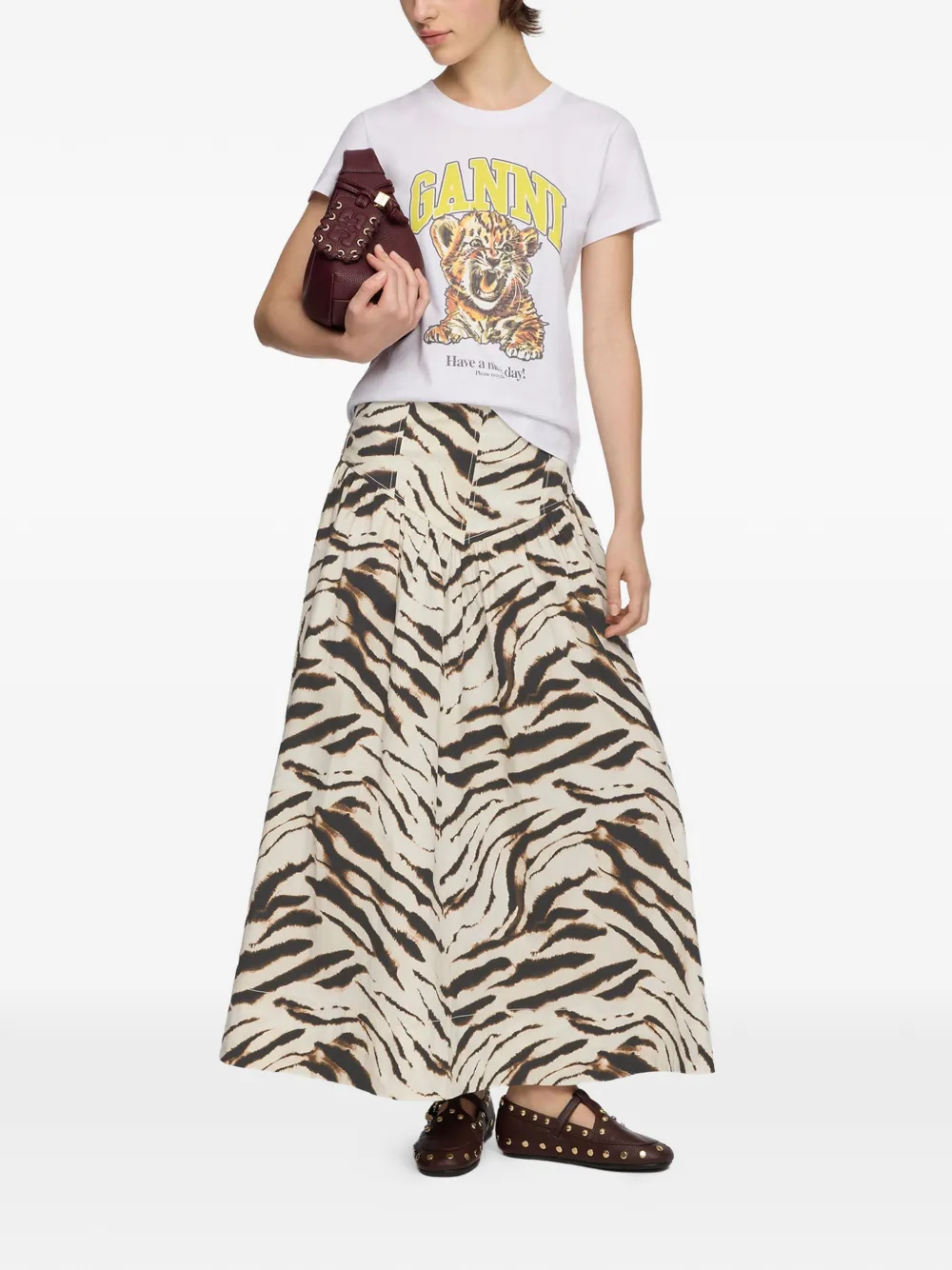 GANNI Gesmockte maxi-rok met zebraprint Beige