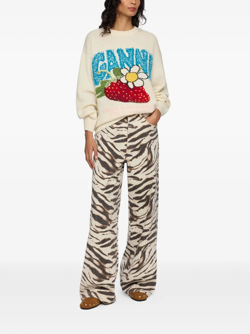 GANNI Gebreide trui met aardbeien-intarsia Beige