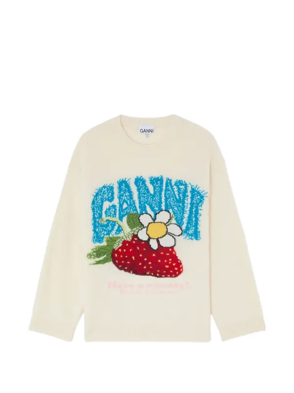 GANNI ストロベリー柄 ニットセーター Mサイズ グレー GANNI ストロベリーモチーフ セーター | ニュートラル | FARFETCH JP