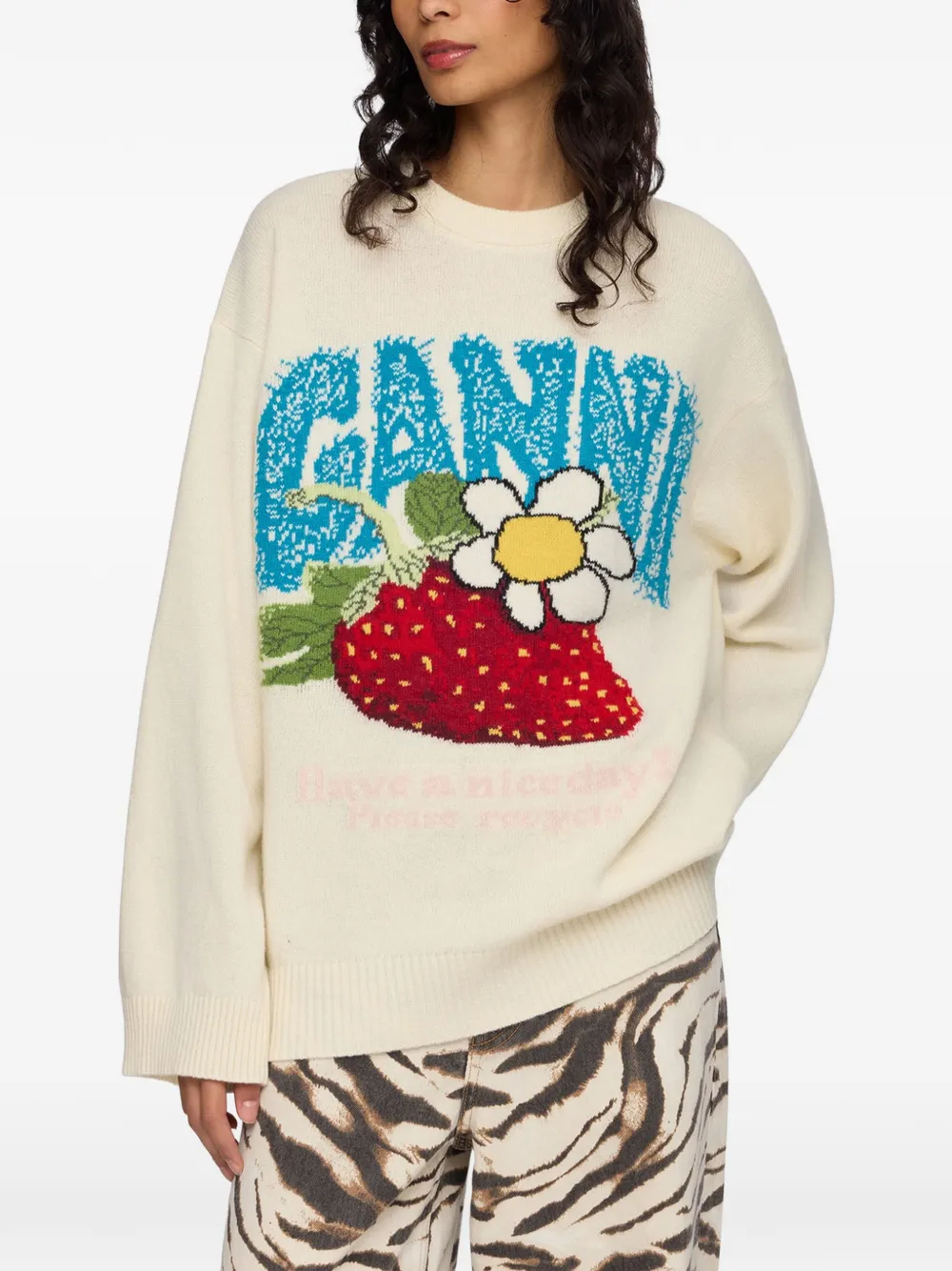 GANNI Gebreide trui met aardbeien-intarsia Beige