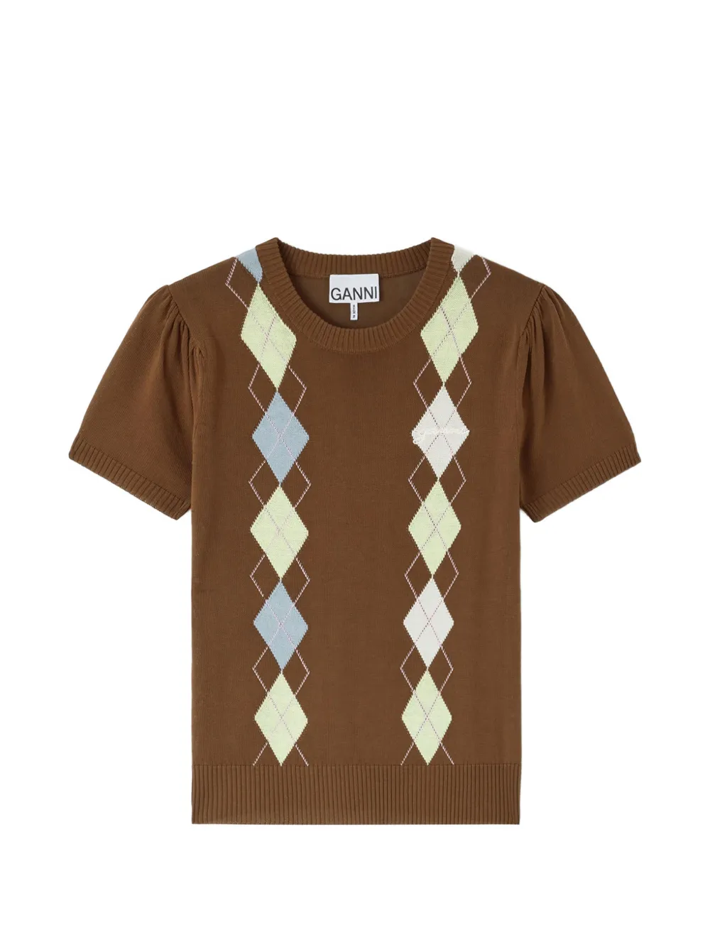 GANNI Puffärmel-T-Shirt mit Argylemuster - Braun