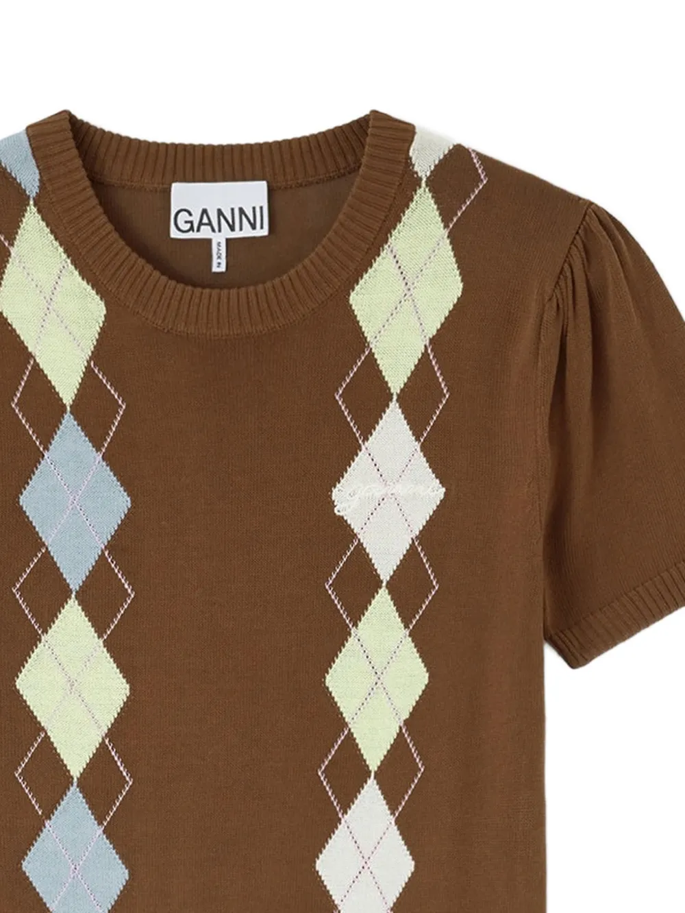 GANNI T-shirt met argyle patroon en pofmouwen Bruin